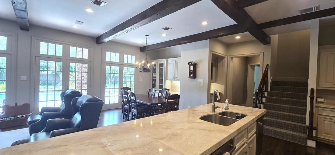 Dining room, Interior, Kitchen, Pendant Lights, Recessed Lighting, Wooden Beams, Wood Texture Flooring