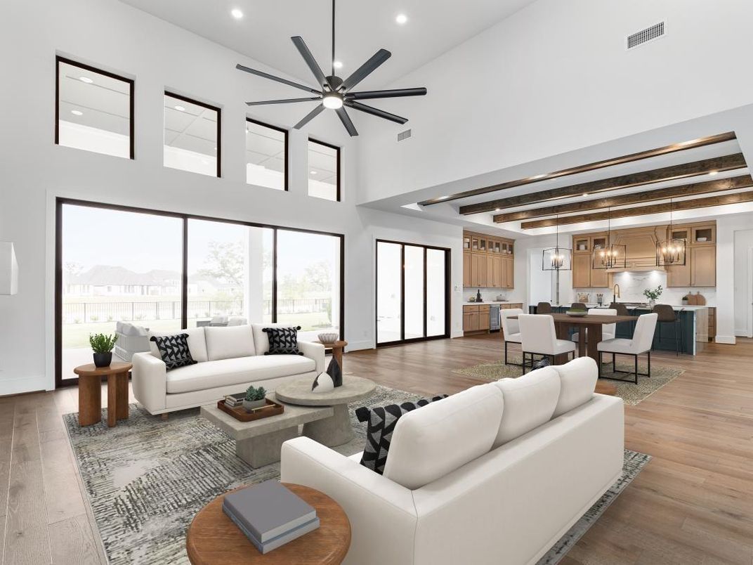 Dining room, Interior, Kitchen, Living room, Pendant Lights, Recessed Lighting, Wooden Beams, Wood Texture Flooring