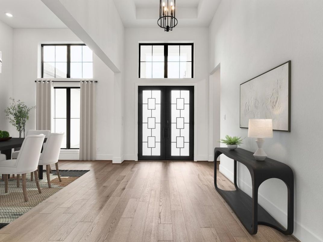 Dining room, Interior, Pendant Lights, Recessed Lighting, Wood Texture Flooring