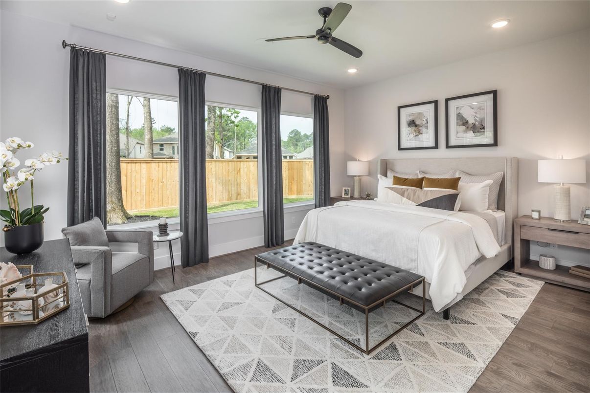 Bedroom, Interior, Recessed Lighting, Wood Texture Flooring