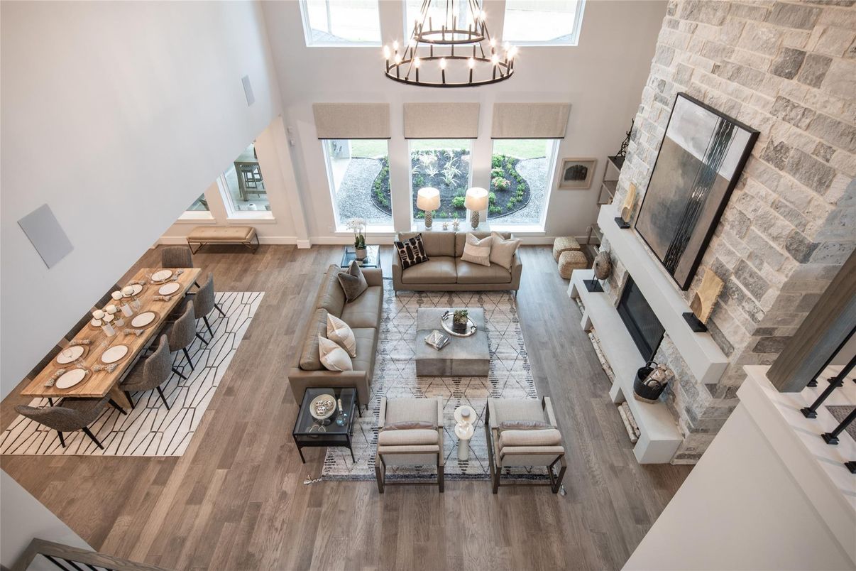 Chandelier, Fireplace, Interior, Living room, Stone Walls, Wood Texture Flooring