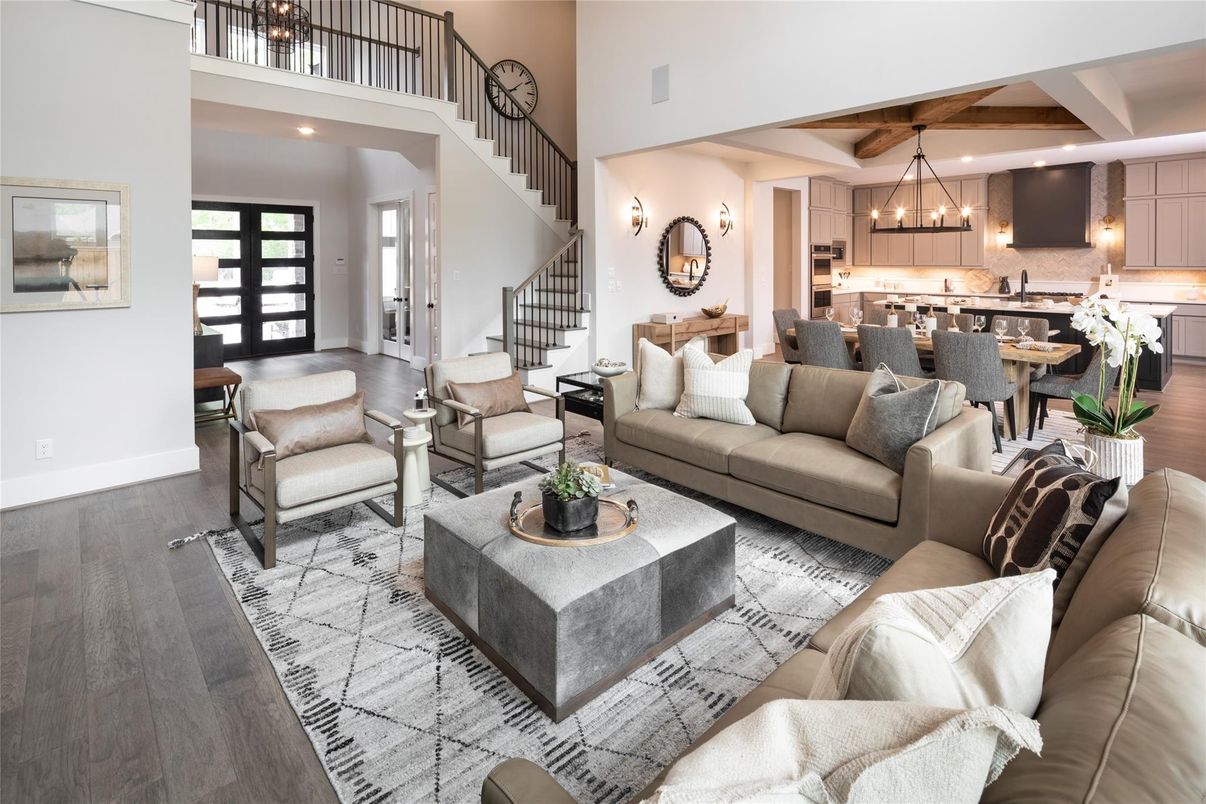 Dining room, Interior, Kitchen, Living room, Pendant Lights, Recessed Lighting, Stainless Steel Appliances, Wooden Beams, Wood Texture Flooring