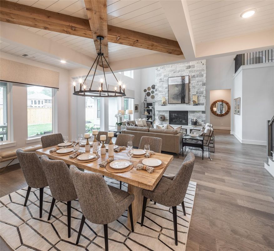 Dining room, Fireplace, Interior, Living room, Pendant Lights, Recessed Lighting, Stone Walls, Wooden Beams, Wood Texture Flooring