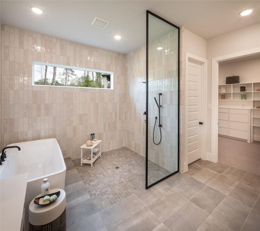 Bathroom, Free Standing Baths, Glass Shower, Interior, Recessed Lighting