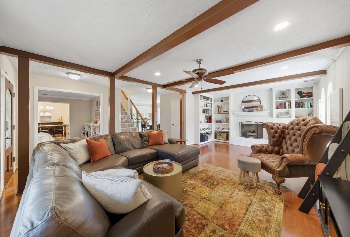 Fireplace, Interior, Living room, Recessed Lighting, Wood Texture Flooring