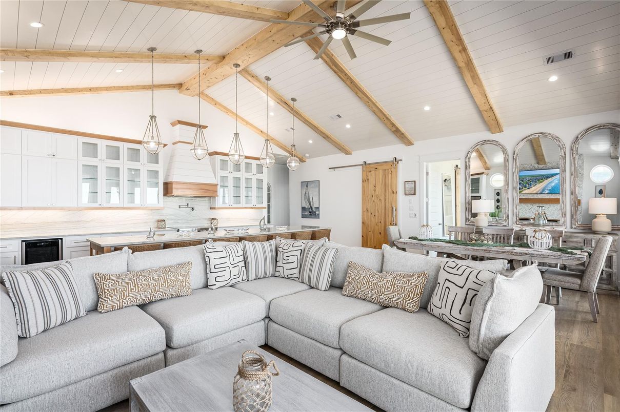Dining room, Interior, Kitchen, Living room, Pendant Lights, Recessed Lighting, Wooden Beams, Wooden Ceilings, Wood Texture Flooring