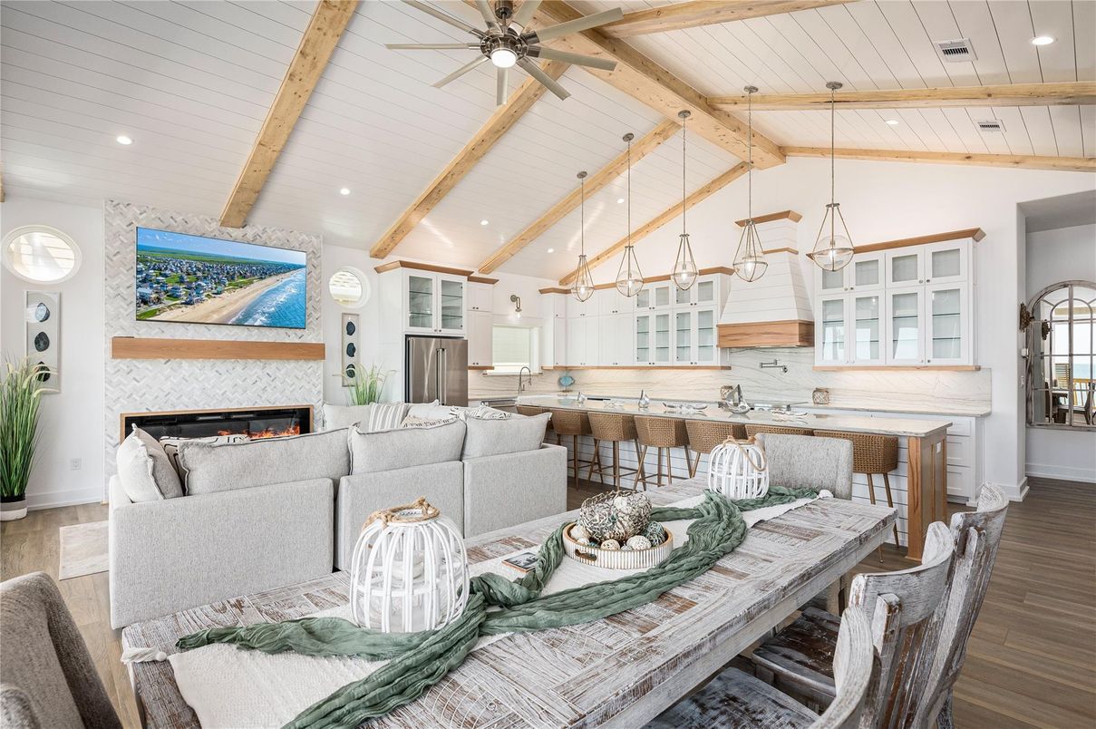 Dining room, Fireplace, Interior, Kitchen, Living room, Pendant Lights, Recessed Lighting, Wooden Beams, Wood Texture Flooring