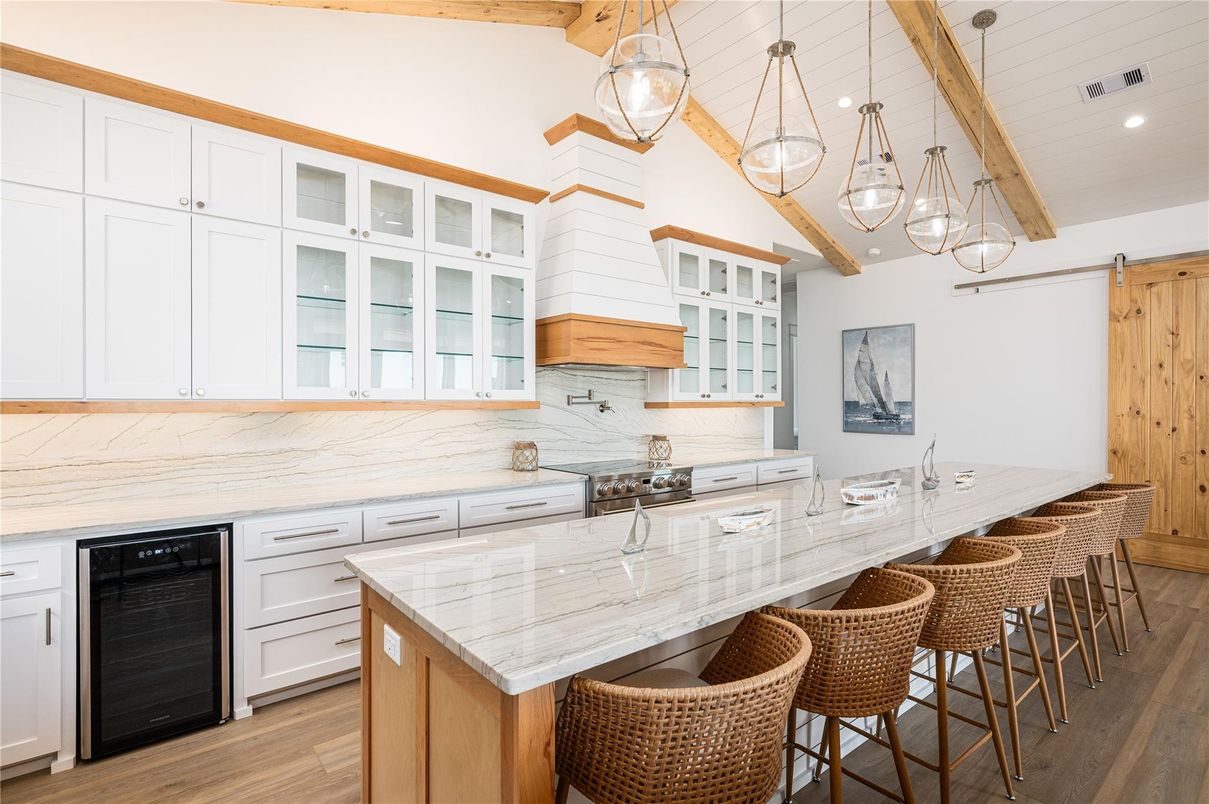 Interior, Kitchen, Marble Walls, Pendant Lights, Recessed Lighting, Wooden Beams, Wood Texture Flooring