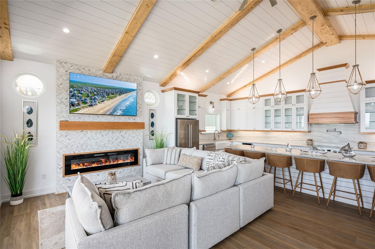Fireplace, Interior, Kitchen, Living room, Pendant Lights, Recessed Lighting, Wooden Beams, Wood Texture Flooring