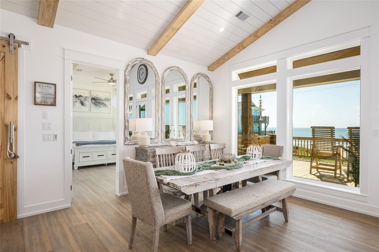 Dining room, Interior, Water, Wooden Beams, Wood Texture Flooring
