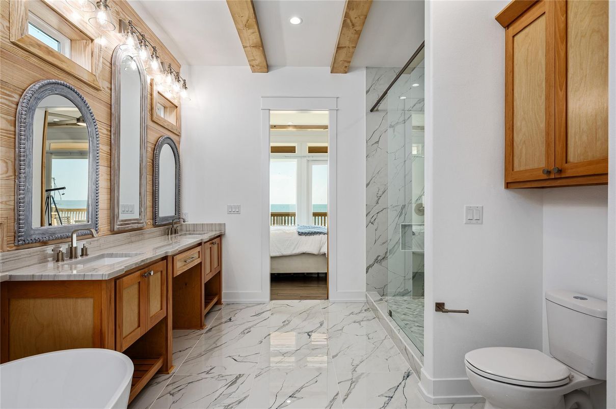 Bathroom, Dual Sink Vanities, Glass Shower, Interior, Marble, Marble Walls, Recessed Lighting, Water, Wooden Beams