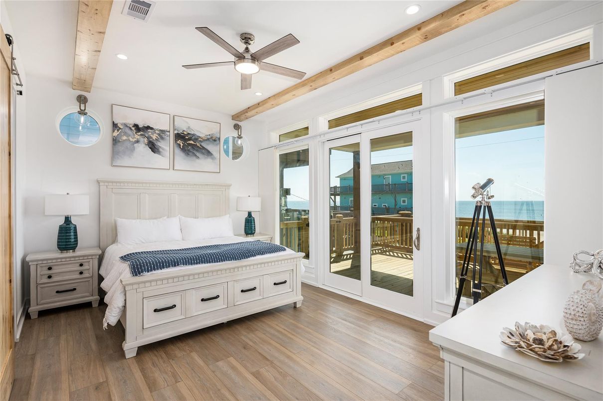 Bedroom, Interior, Recessed Lighting, Water, Wooden Beams, Wood Texture Flooring