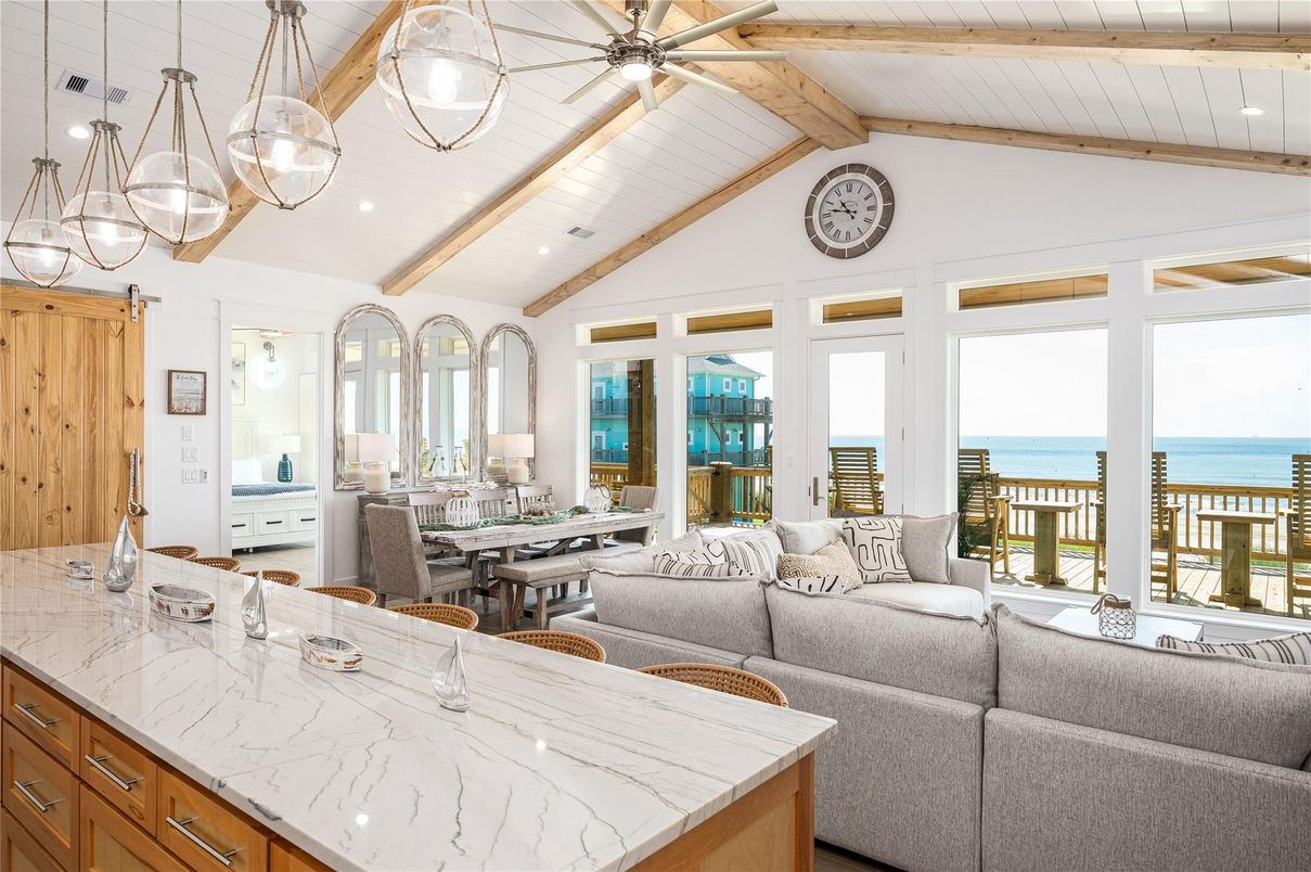 Dining room, Interior, Living room, Pendant Lights, Recessed Lighting, Water, Wooden Beams
