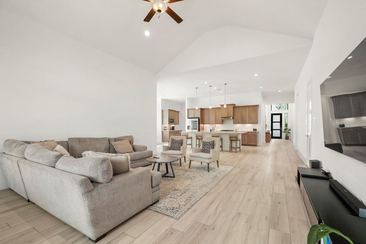 Interior, Kitchen, Living room, Pendant Lights, Recessed Lighting, Wood Texture Flooring