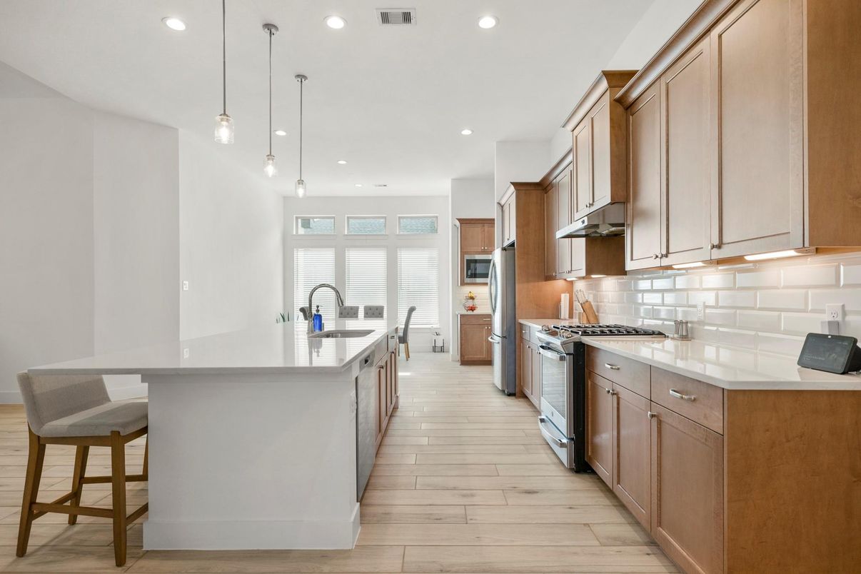 Interior, Kitchen, Pendant Lights, Recessed Lighting, Stainless Steel Appliances, Wood Texture Flooring