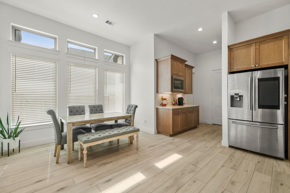 Dining room, Interior, Kitchen, Recessed Lighting, Stainless Steel Appliances, Wood Texture Flooring