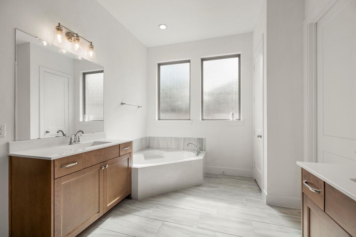 Bathroom, Dual Sink Vanities, Interior, Recessed Lighting, Wood Texture Flooring