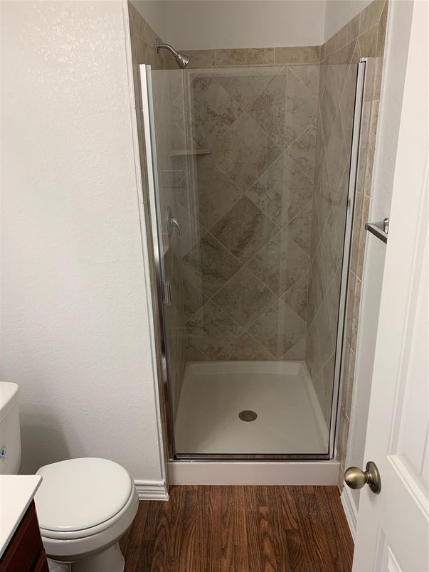 Bathroom, Glass Shower, Interior, Wood Texture Flooring