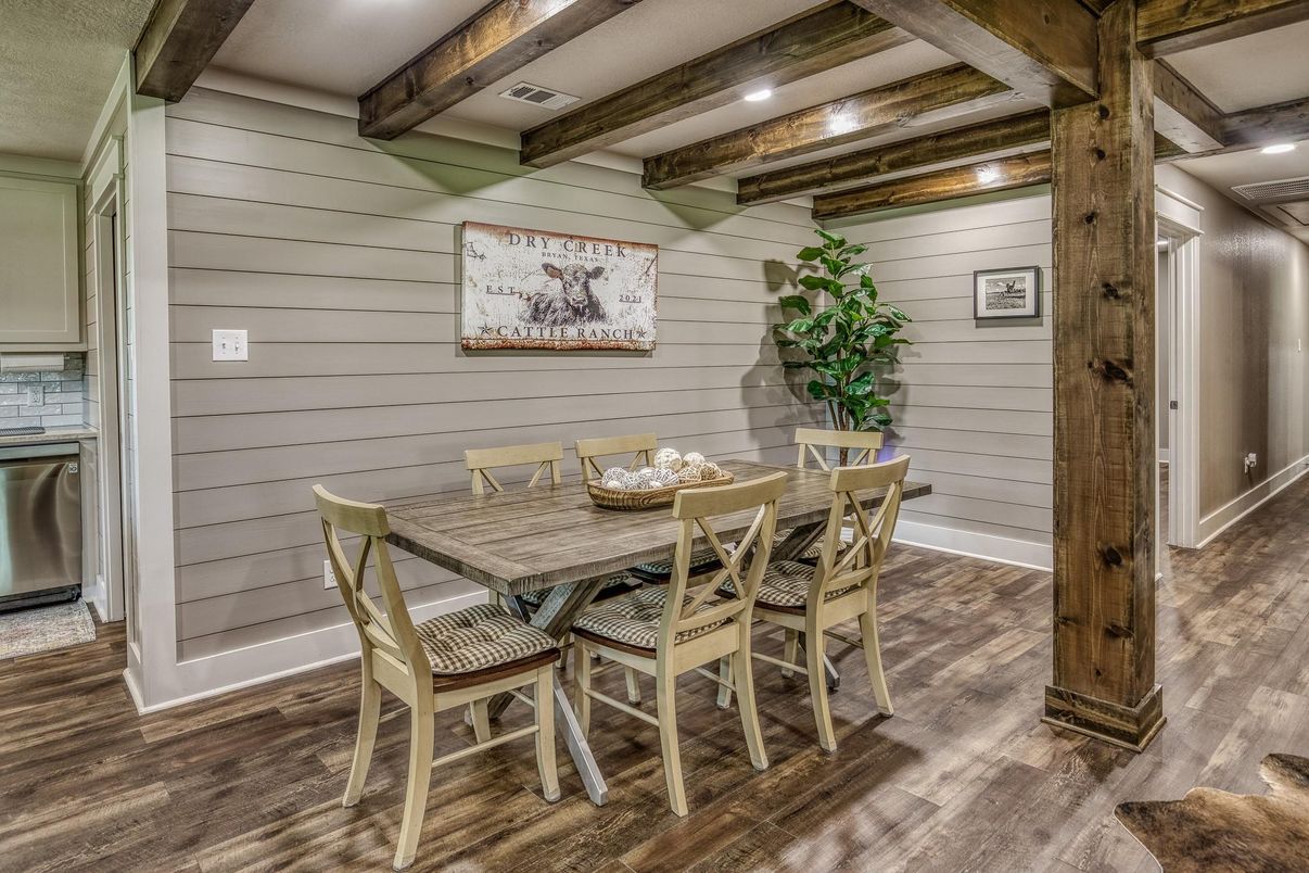 Dining room, Interior, Recessed Lighting, Wooden Beams, Wood Texture Flooring