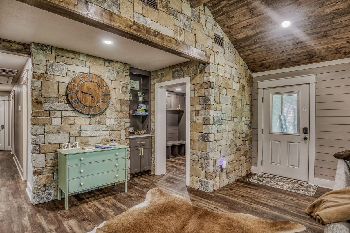 Interior, Recessed Lighting, Stone Walls, Wood Texture Flooring