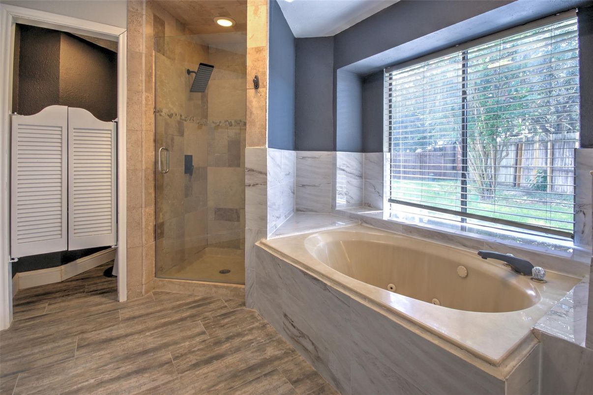 Bathroom, Glass Shower, Interior, Recessed Lighting, Wood Texture Flooring
