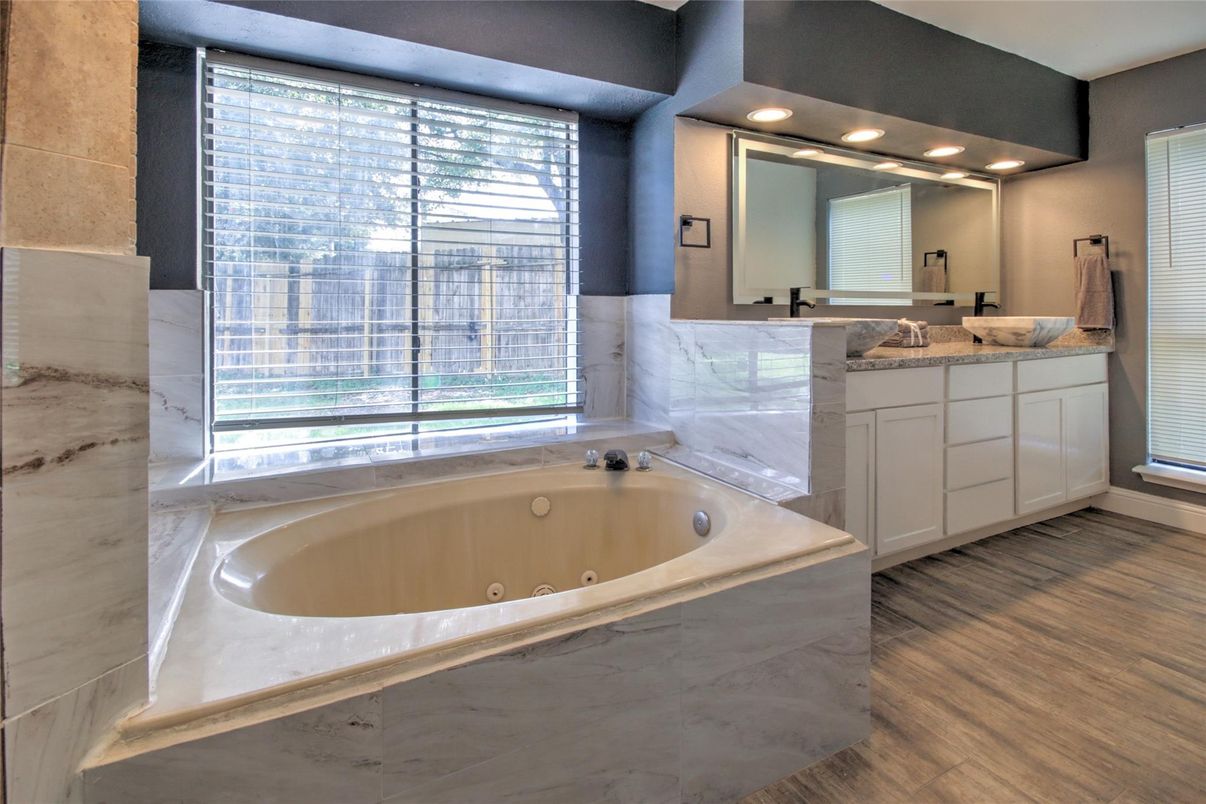 Bathroom, Interior, Marble Walls, Wood Texture Flooring