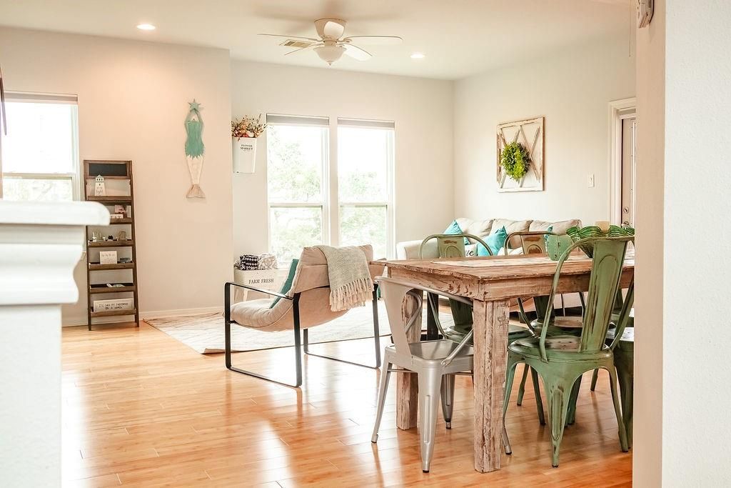 Dining room, Interior, Recessed Lighting, Wood Texture Flooring