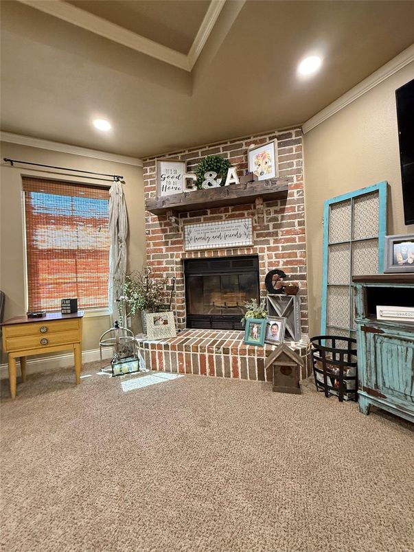 Fireplace, Game Room, Interior, Recessed Lighting, Stone Walls