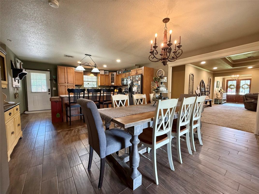 Chandelier, Dining room, Interior, Kitchen, Recessed Lighting, Wood Texture Flooring