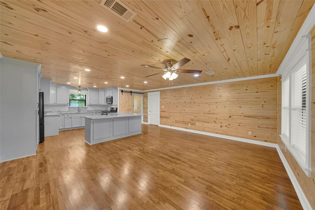 Empty room, Interior, Kitchen, Recessed Lighting, Wooden Ceilings, Wood Texture Flooring, Wooden Walls
