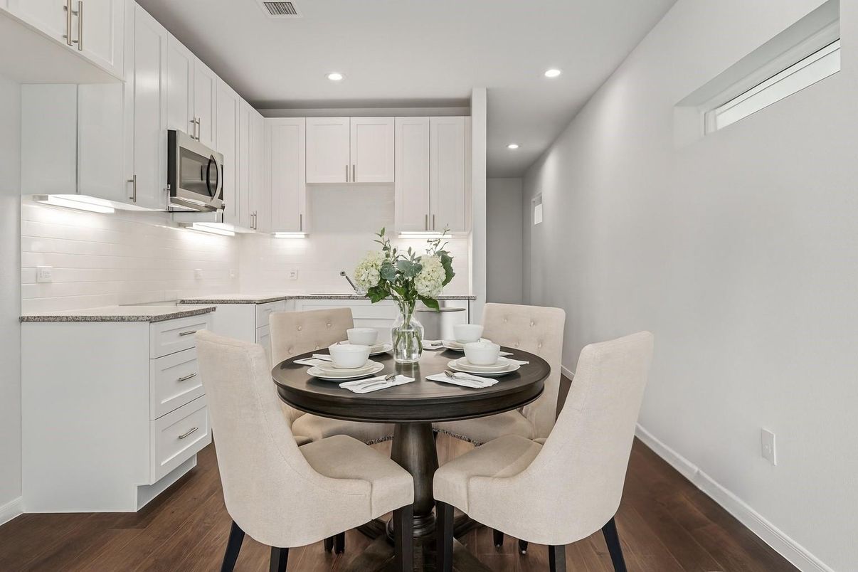Dining room, Interior, Kitchen, Recessed Lighting, Wood Texture Flooring