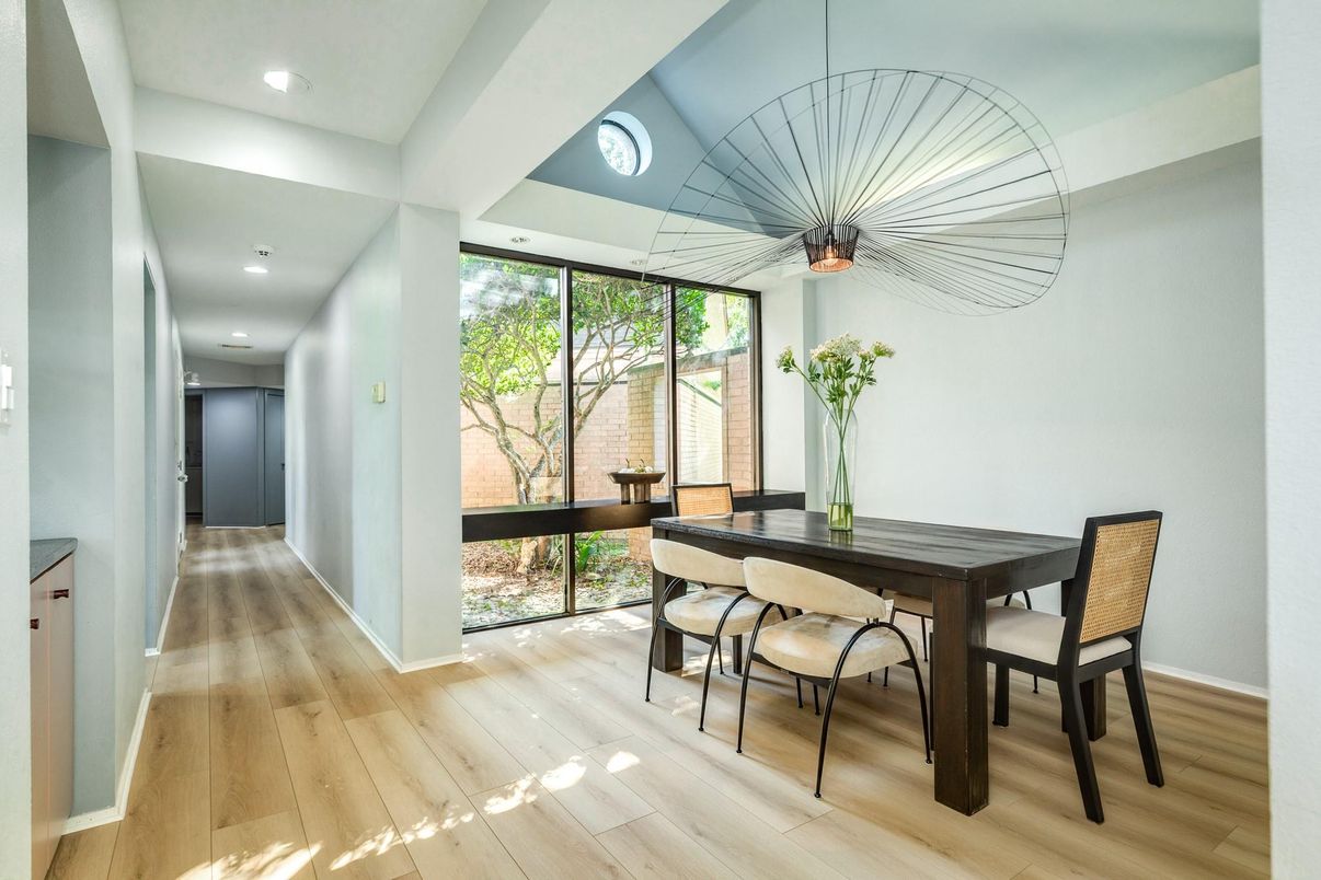 Dining room, Interior, Recessed Lighting, Wood Texture Flooring