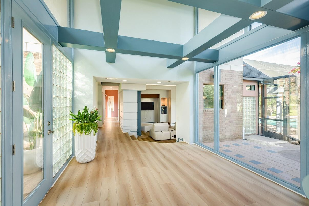 Interior, Recessed Lighting, Stone Walls, Wood Texture Flooring