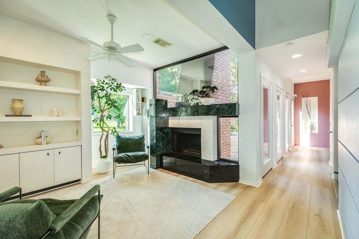 Fireplace, Interior, Recessed Lighting, Wood Texture Flooring