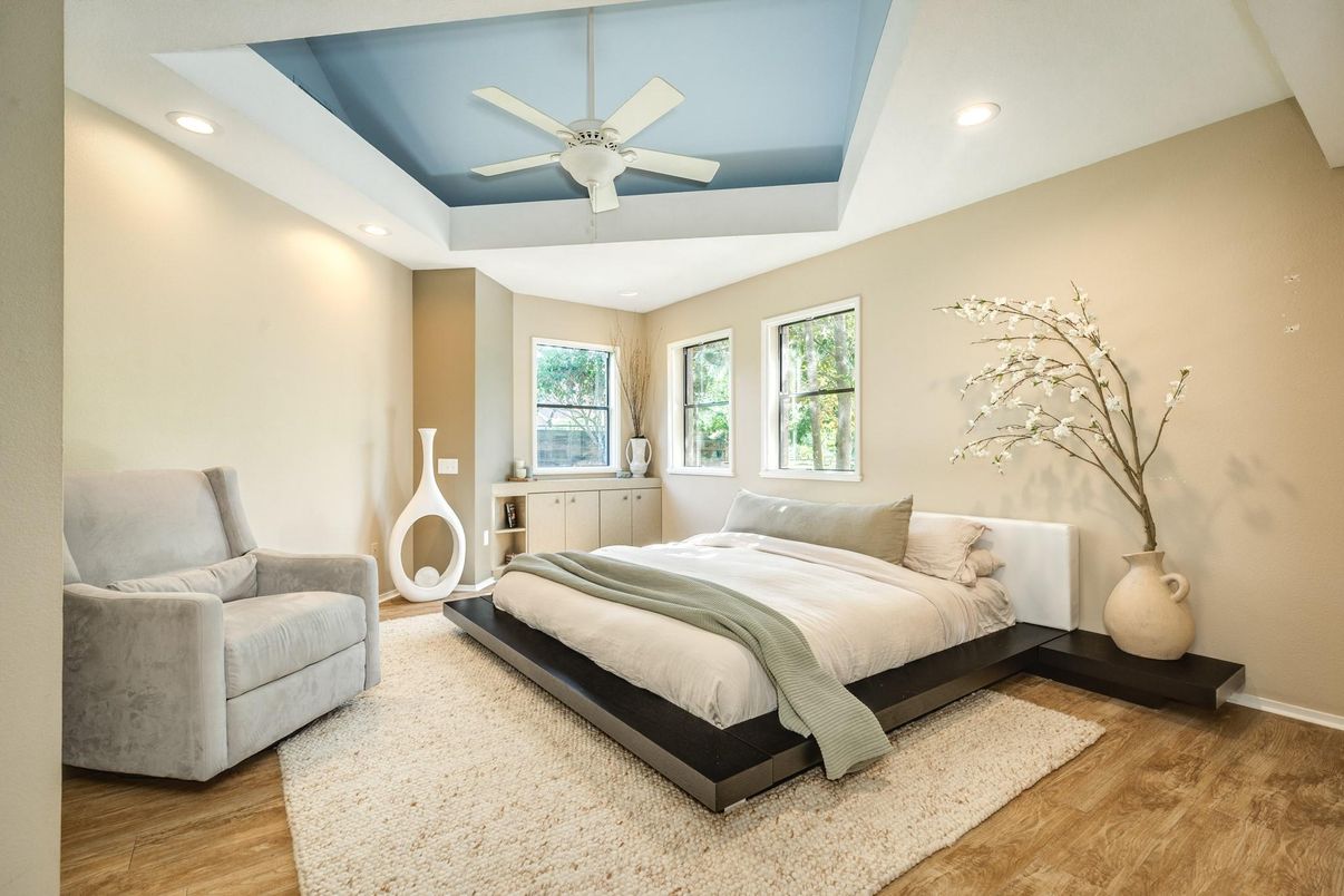 Bedroom, Interior, Recessed Lighting, Wood Texture Flooring