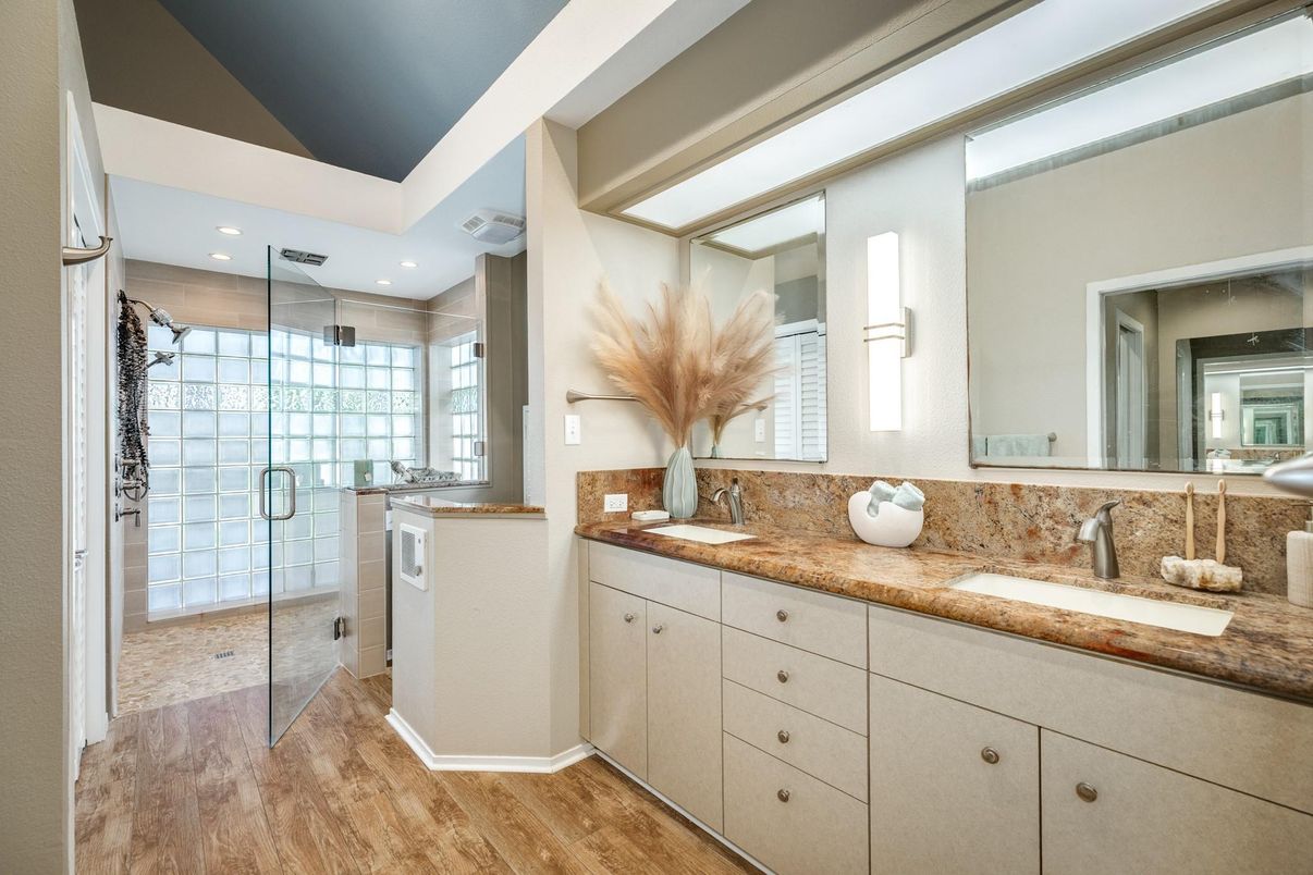 Bathroom, Dual Sink Vanities, Glass Shower, Interior, Recessed Lighting, Wood Texture Flooring