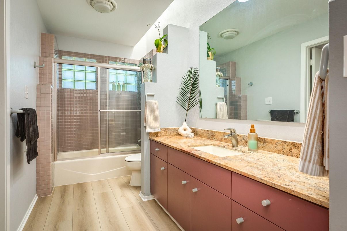 Bathroom, Glass Shower, Interior, Wood Texture Flooring