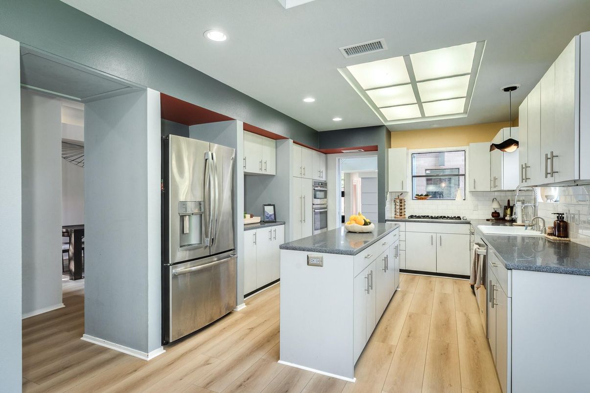 Interior, Kitchen, Pendant Lights, Recessed Lighting, Stainless Steel Appliances, Wood Texture Flooring