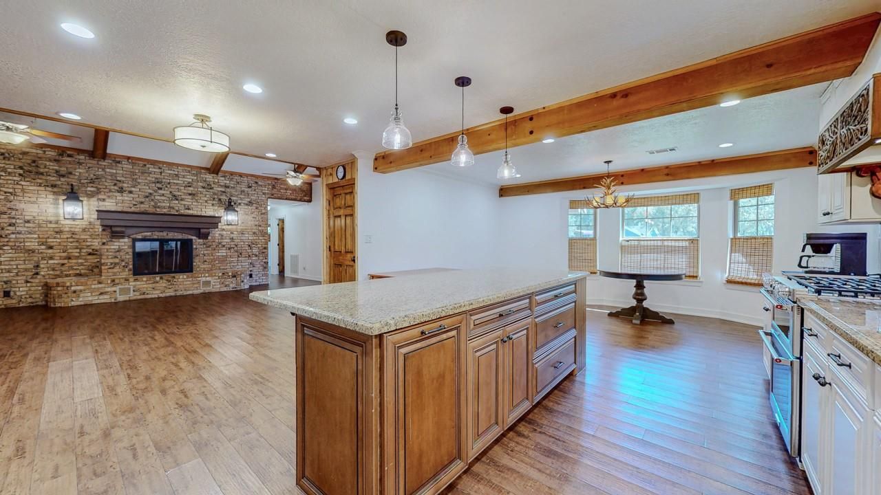 Fireplace, Interior, Kitchen, Pendant Lights, Recessed Lighting, Stone Walls, Wooden Beams, Wood Texture Flooring