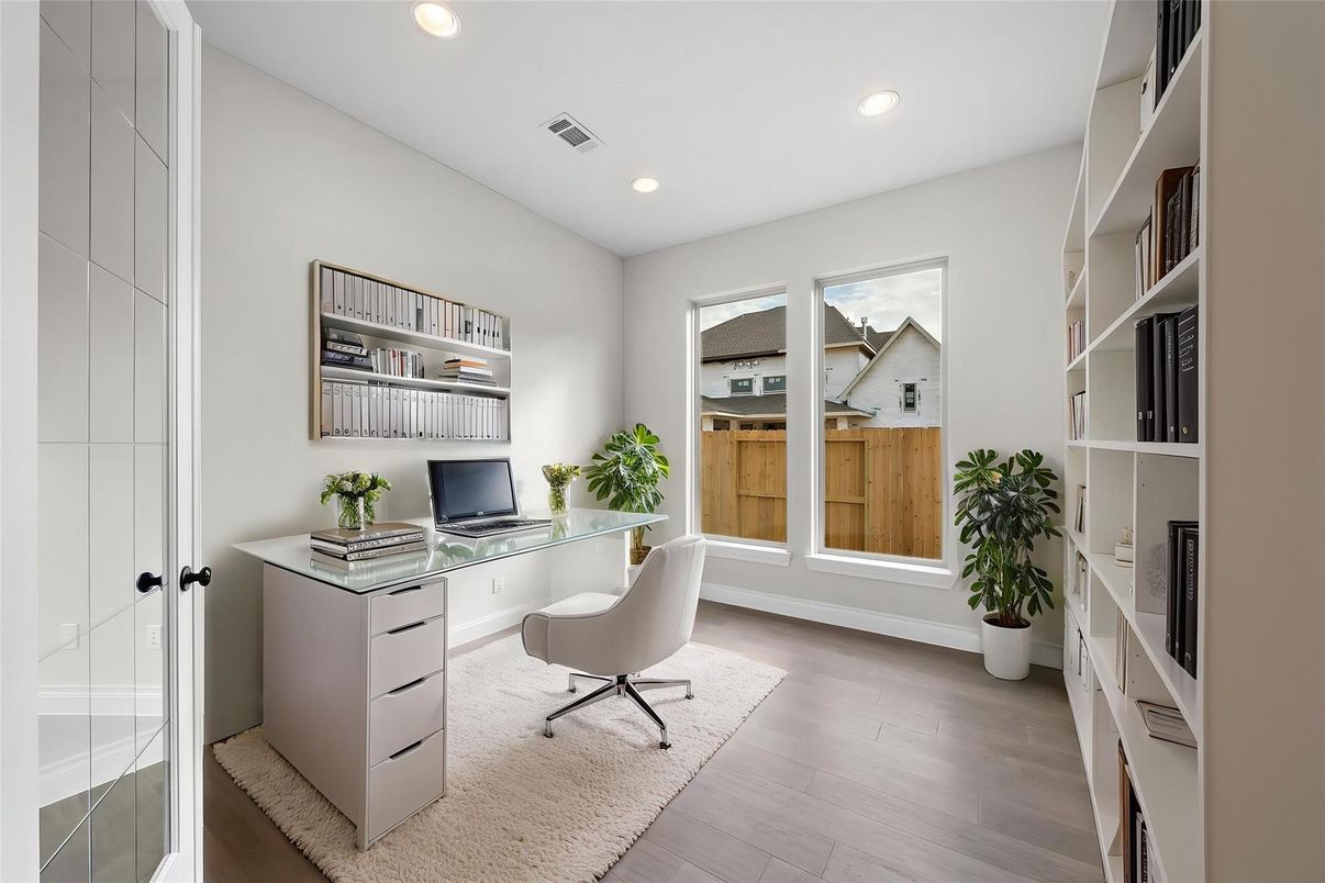 Home Office, Interior, Recessed Lighting, Wood Texture Flooring