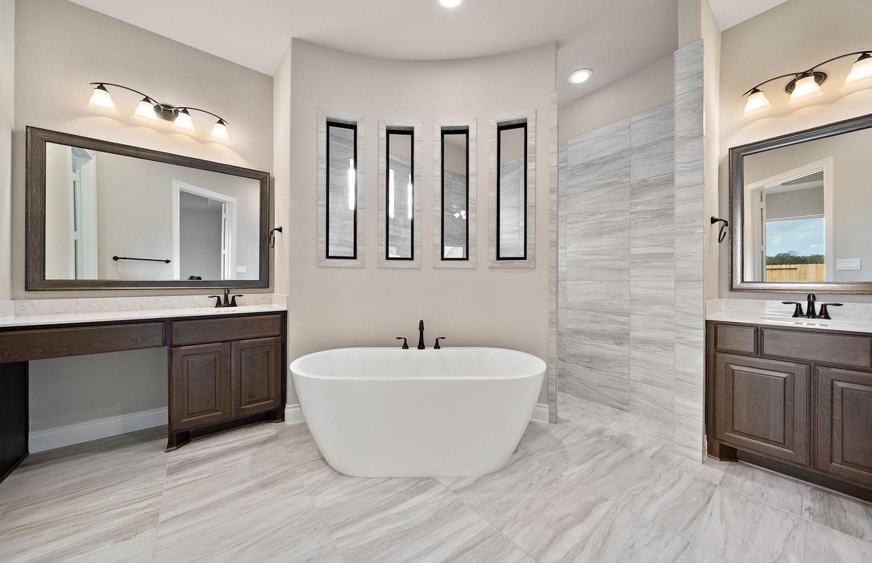 Bathroom, Dual Sink Vanities, Free Standing Baths, Interior, Marble, Recessed Lighting