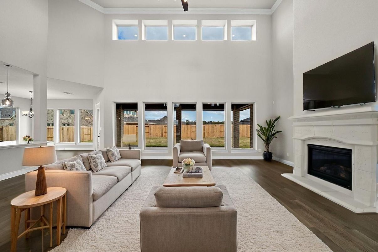 Fireplace, Interior, Living room, Pendant Lights, Water, Wood Texture Flooring