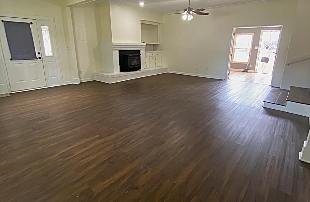 Empty room, Fireplace, Interior, Recessed Lighting, Wood Texture Flooring