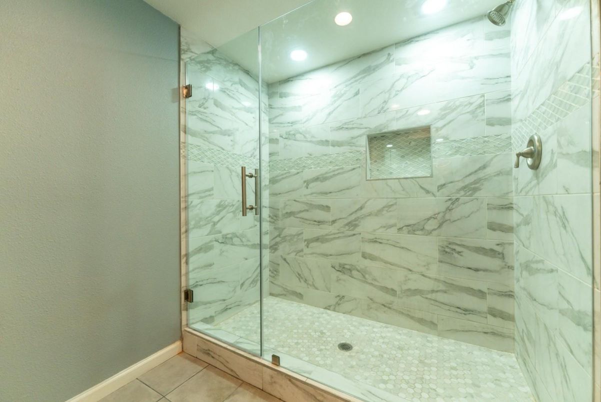Bathroom, Glass Shower, Interior, Marble Walls, Recessed Lighting