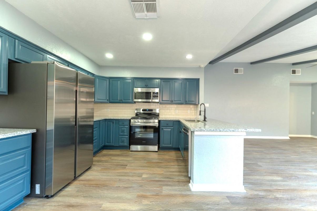 Interior, Kitchen, Recessed Lighting, Stainless Steel Appliances, Wood Texture Flooring