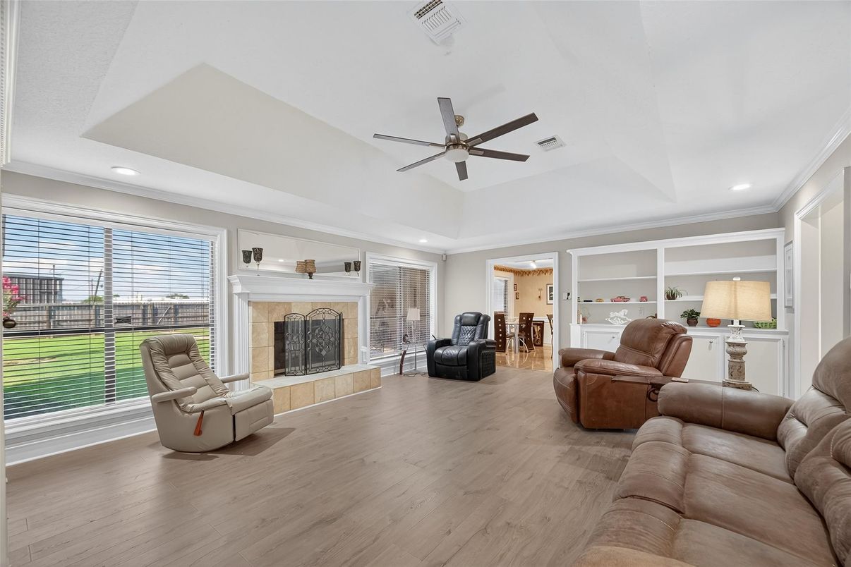 Fireplace, Interior, Living room, Recessed Lighting, Wood Texture Flooring