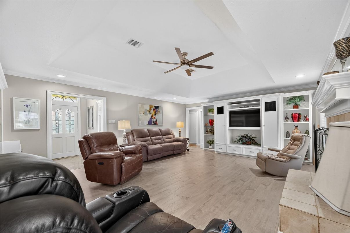 Home Theatre Room, Fireplace, Interior, Living room, Recessed Lighting, Wood Texture Flooring