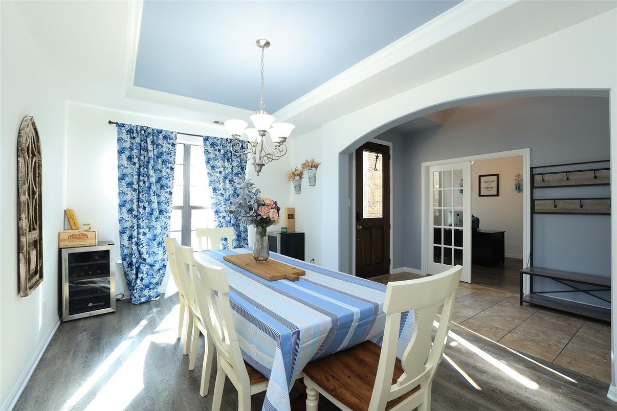 Chandelier, Dining room, Interior, Wood Texture Flooring