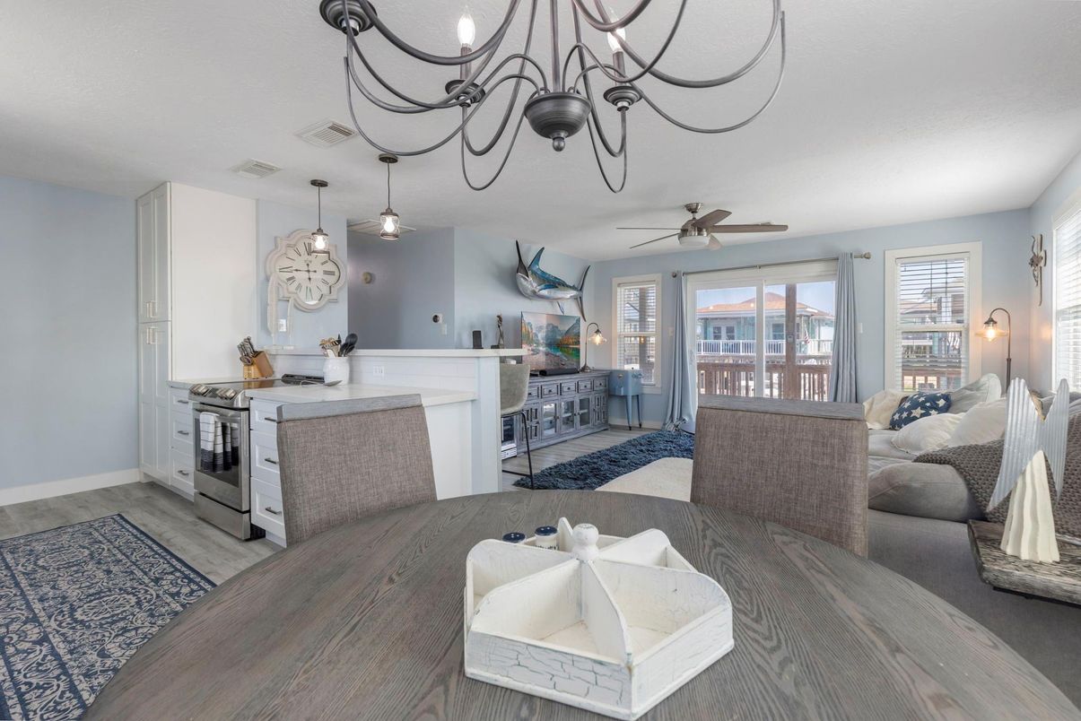 Dining room, Interior, Living room, Pendant Lights, Wood Texture Flooring
