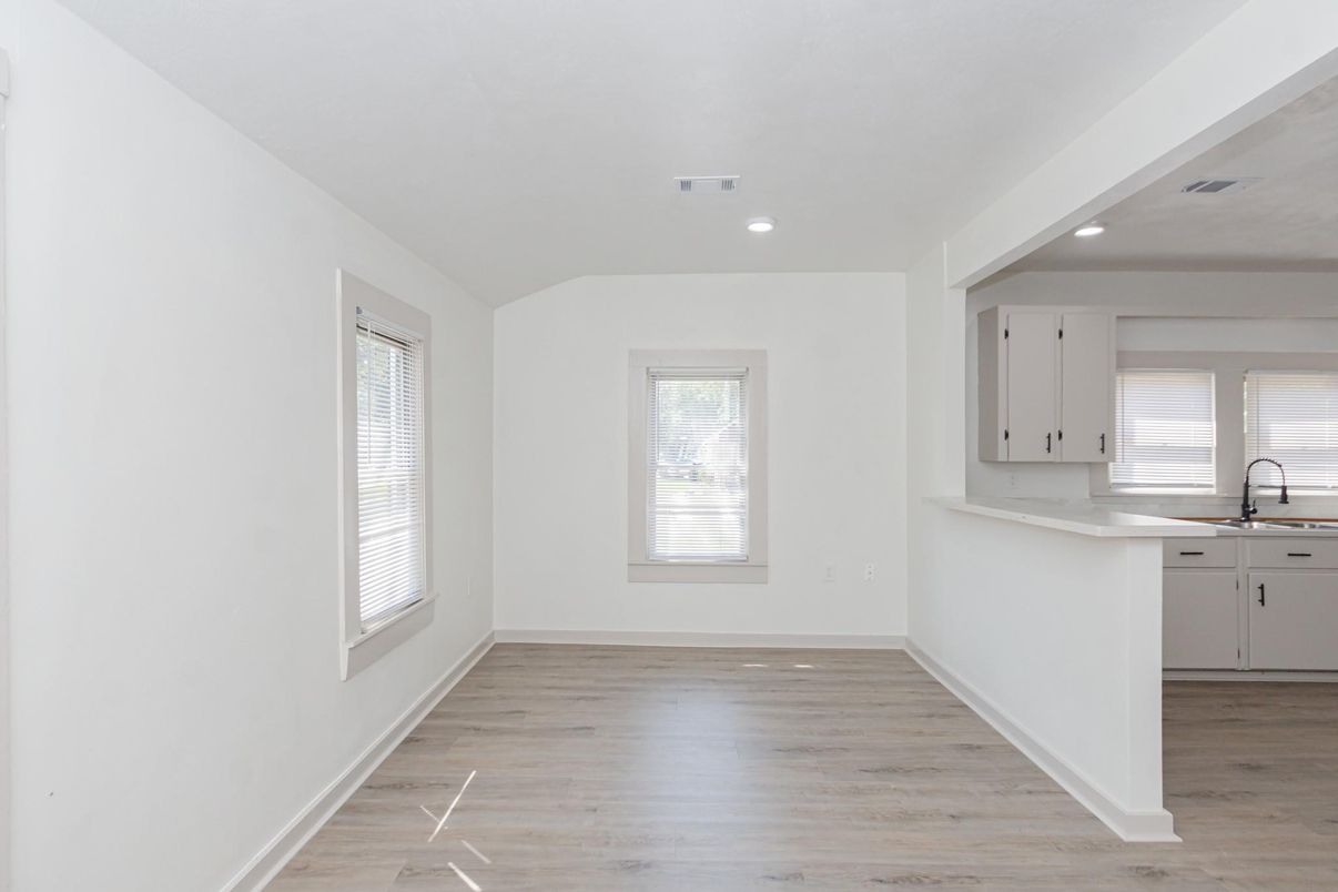 Empty room, Interior, Kitchen, Recessed Lighting, Wood Texture Flooring